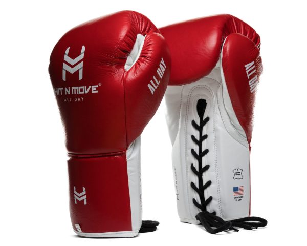 Red and White Lace Up Boxing Gloves